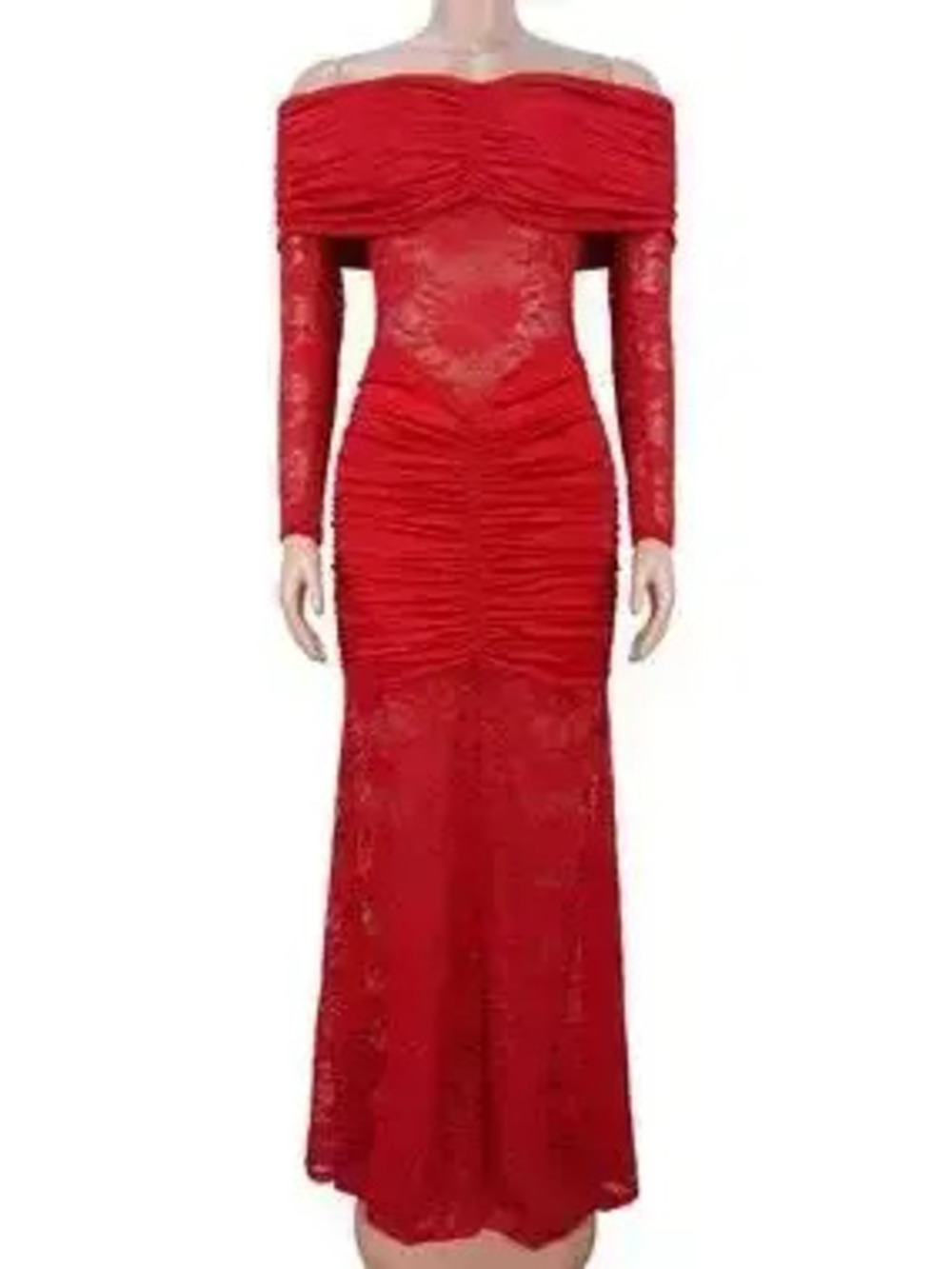 Off-Shoulder Ruched Lace Mermaid Maxi Dress - Picture 3 of 10